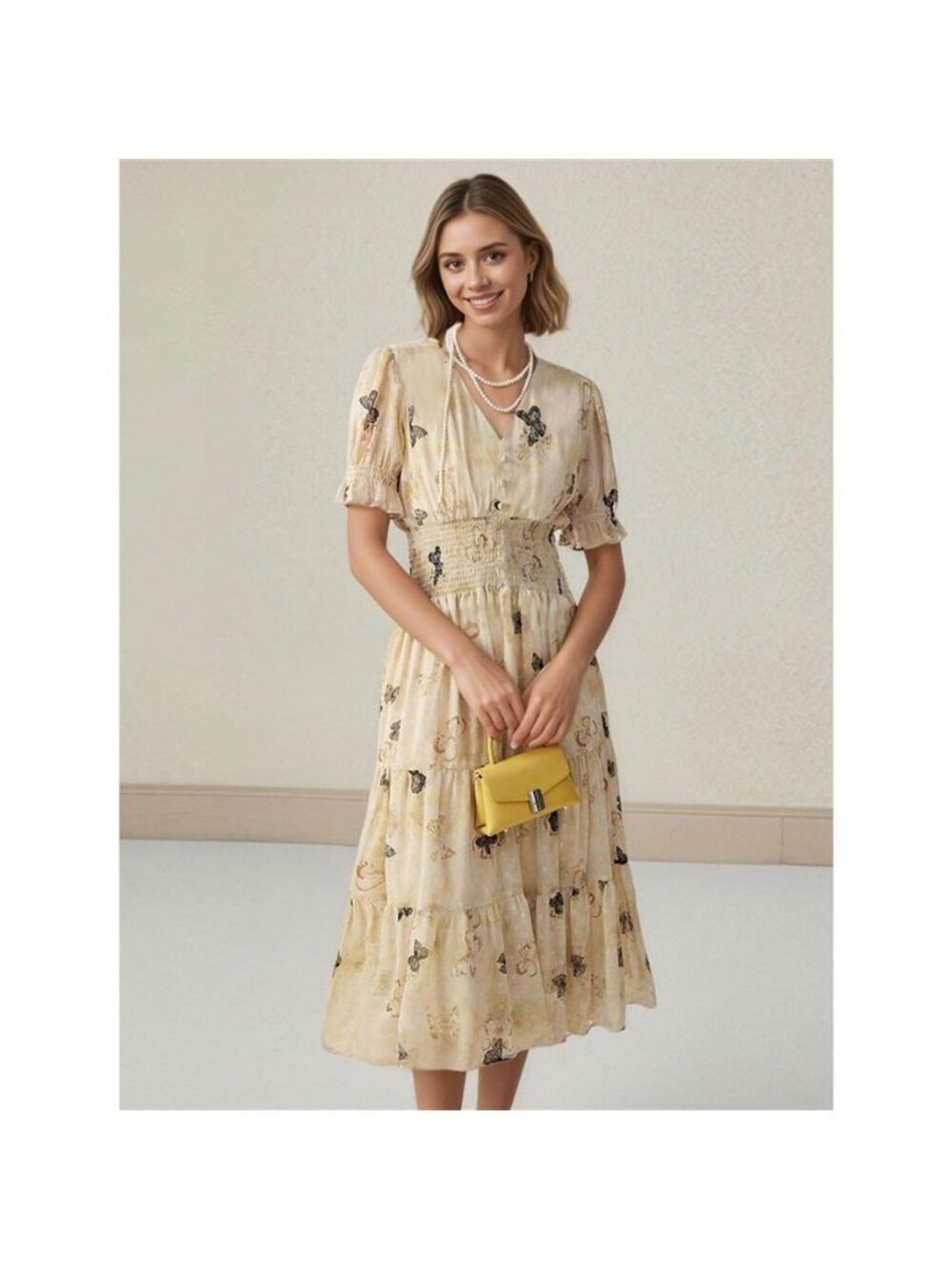 Butterfly Print Smocked Waist Tiered Midi Dress